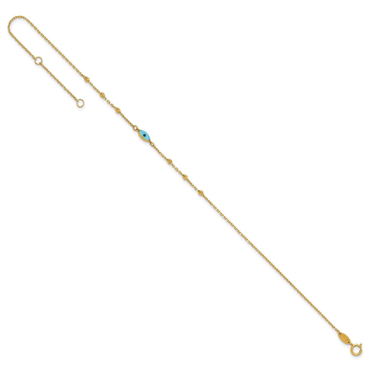 14k Diamond-cut Stations Blue Glass Evil Eye 9in Plus 1in ext. Anklet-ANK369-9