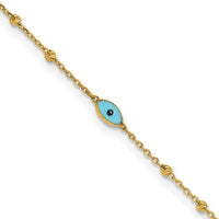 14k Diamond-cut Stations Blue Glass Evil Eye 9in Plus 1in ext. Anklet-ANK369-9