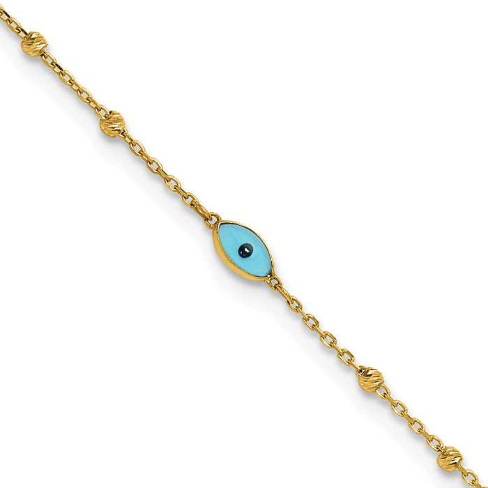 14k Diamond-cut Stations Blue Glass Evil Eye 9in Plus 1in ext. Anklet-ANK369-9