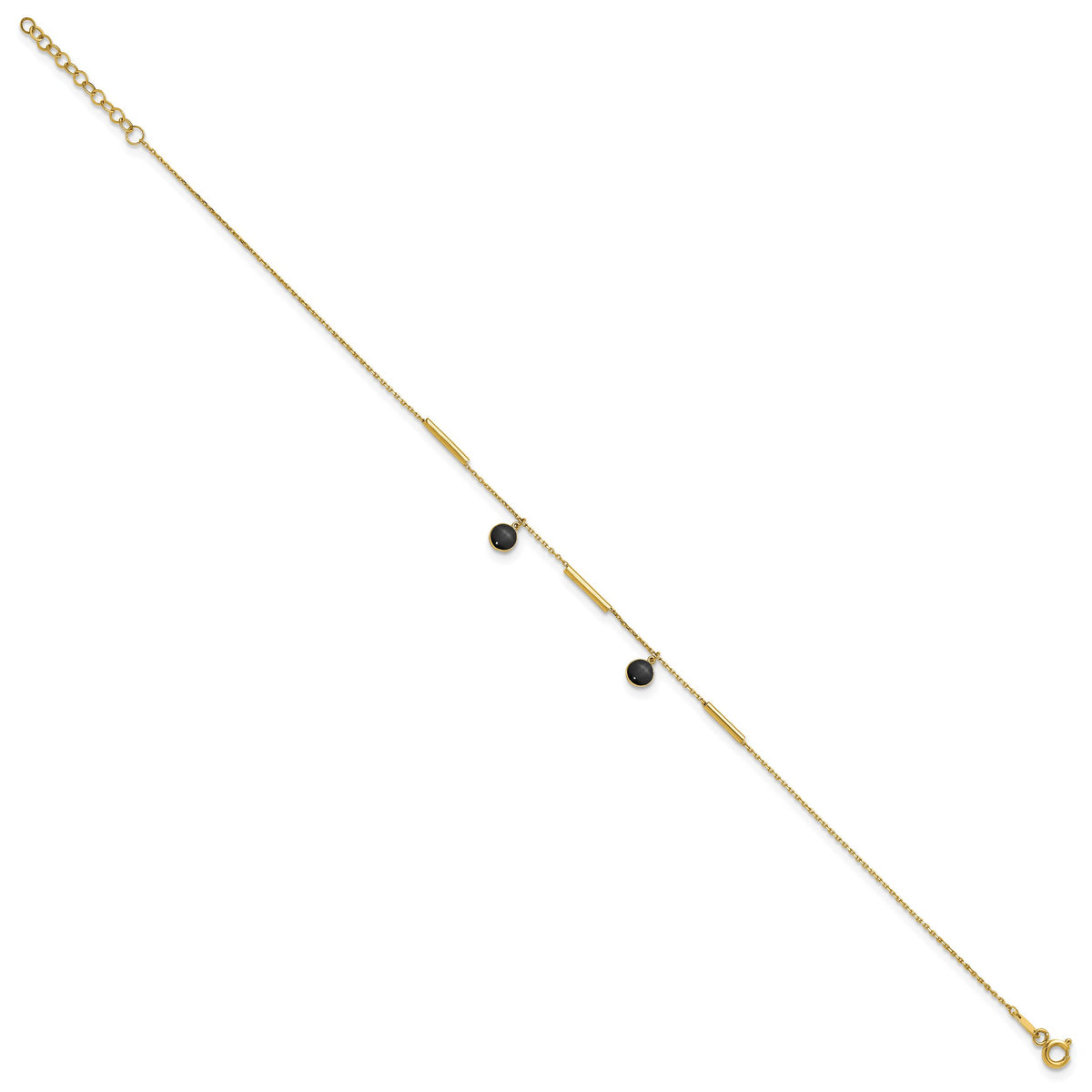 14K Polished Onyx Dangles and Bars 9in Plus 1in ext Anklet-ANK374-9