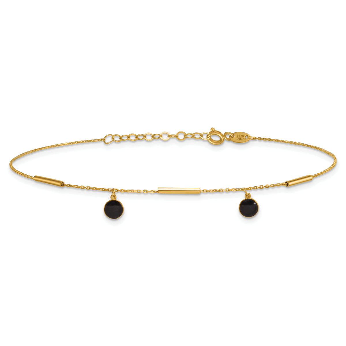 14K Polished Onyx Dangles and Bars 9in Plus 1in ext Anklet-ANK374-9