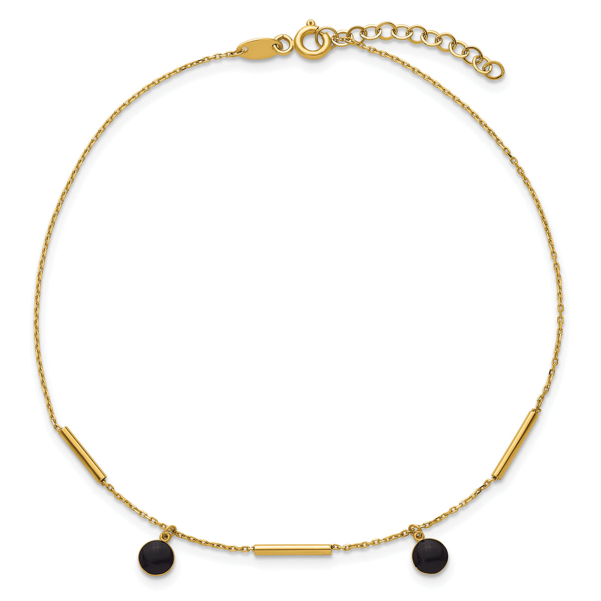 14K Polished Onyx Dangles and Bars 9in Plus 1in ext Anklet-ANK374-9