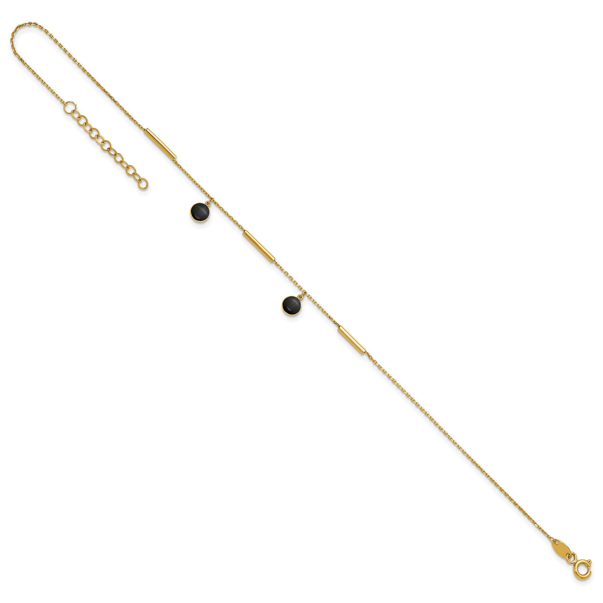 14K Polished Onyx Dangles and Bars 9in Plus 1in ext Anklet-ANK374-9