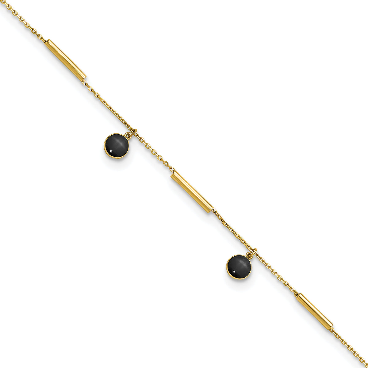 14K Polished Onyx Dangles and Bars 9in Plus 1in ext Anklet-ANK374-9