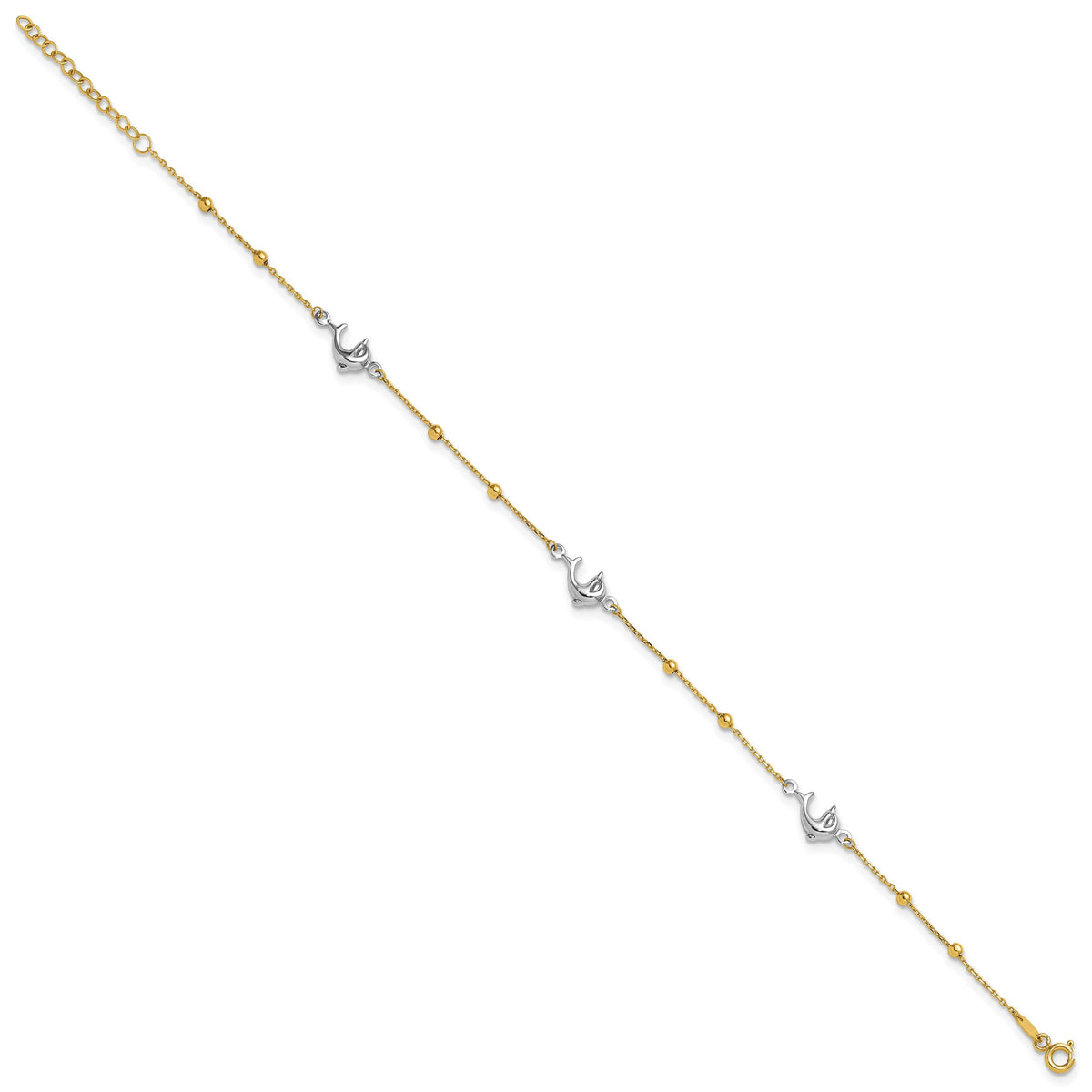 14K Two-tone Polished Bead & Dolphin 9in Plus 1in ext Anklet-ANK375-9