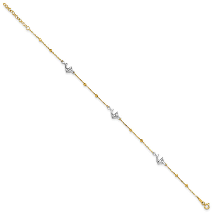 14K Two-tone Polished Bead & Dolphin 9in Plus 1in ext Anklet-ANK375-9
