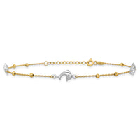 14K Two-tone Polished Bead & Dolphin 9in Plus 1in ext Anklet-ANK375-9