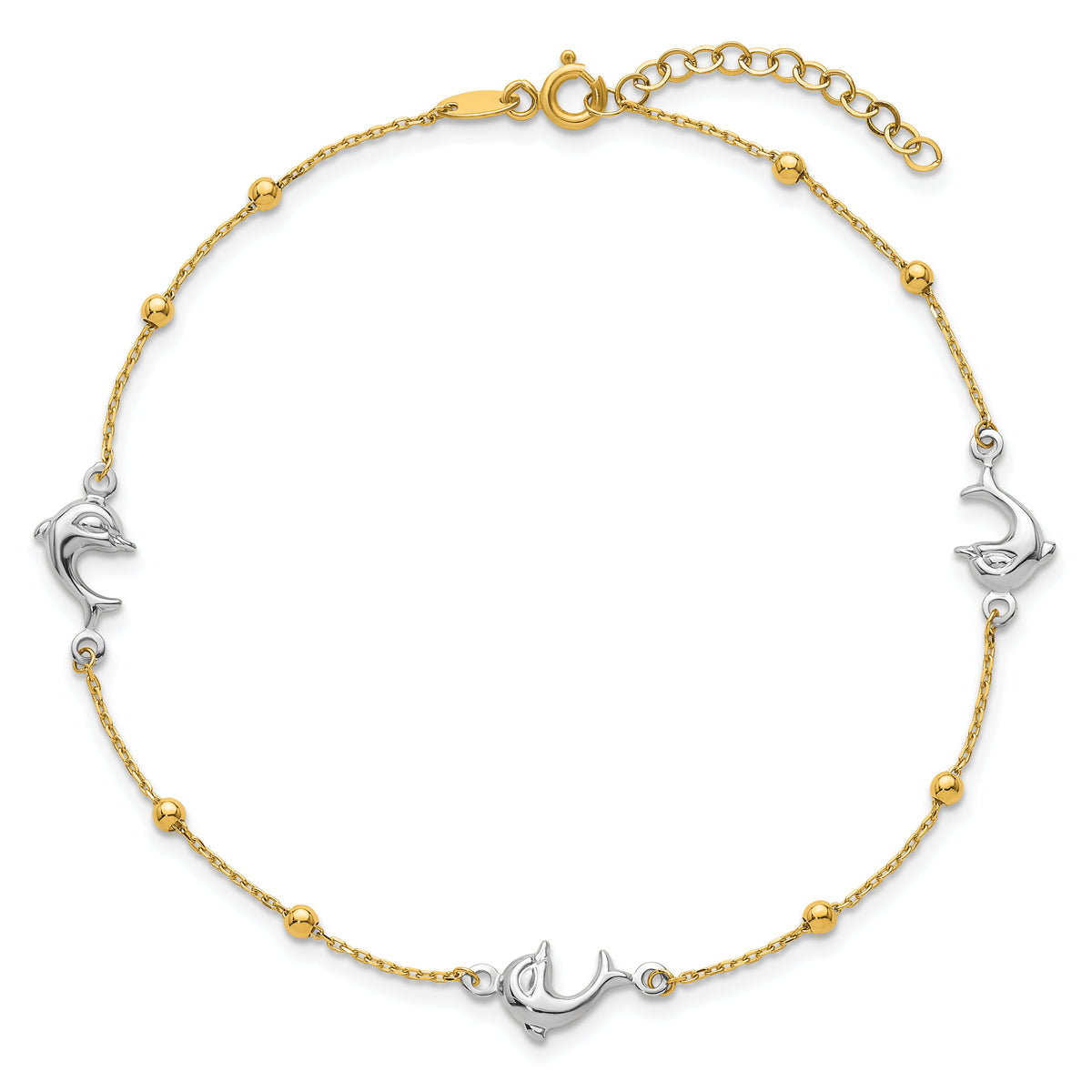 14K Two-tone Polished Bead & Dolphin 9in Plus 1in ext Anklet-ANK375-9