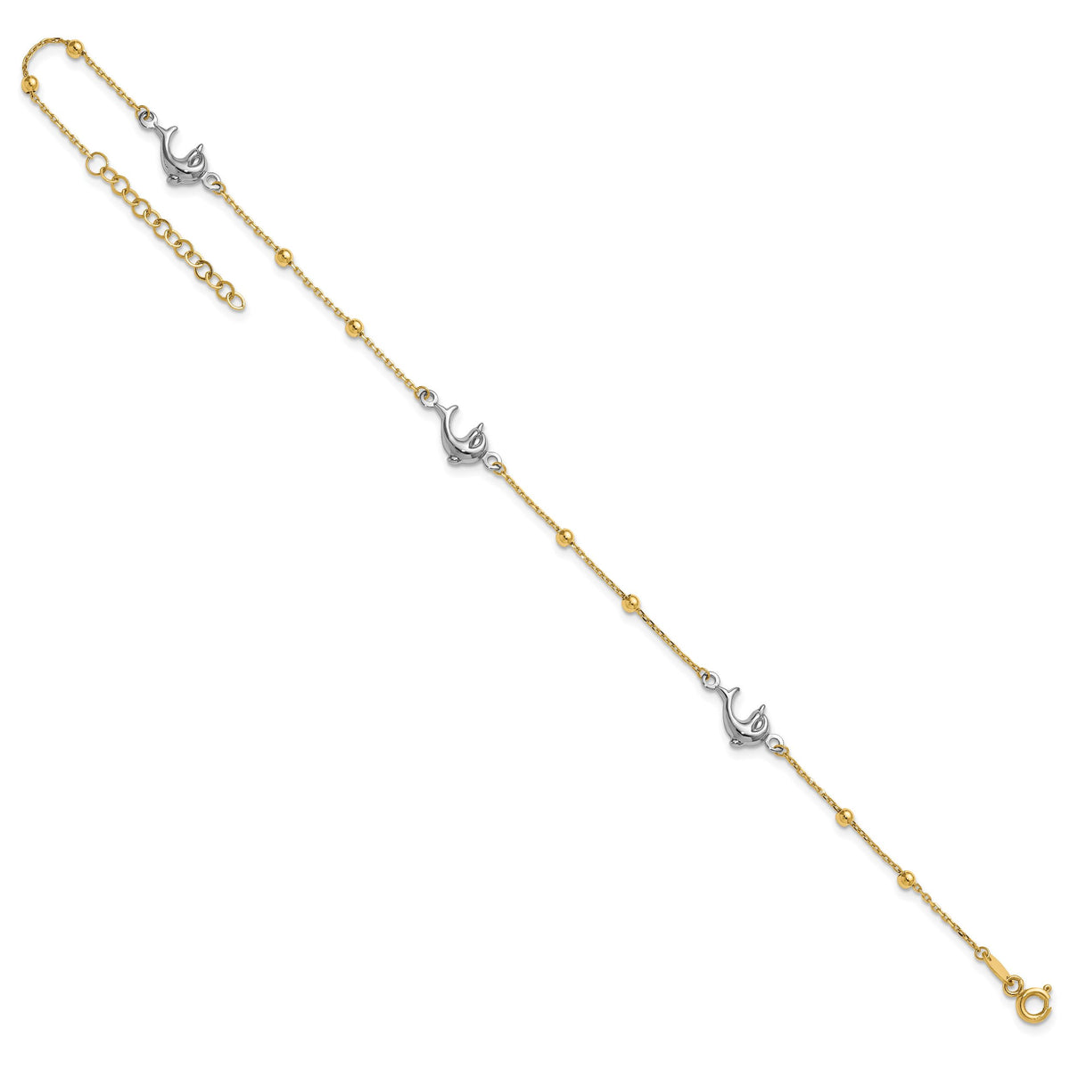 14K Two-tone Polished Bead & Dolphin 9in Plus 1in ext Anklet-ANK375-9