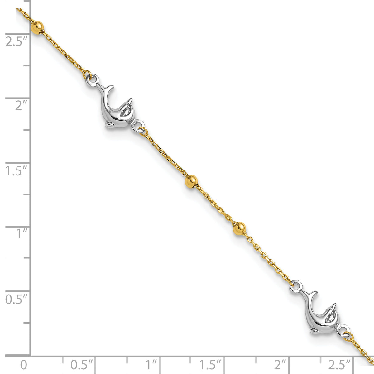 14K Two-tone Polished Bead & Dolphin 9in Plus 1in ext Anklet-ANK375-9