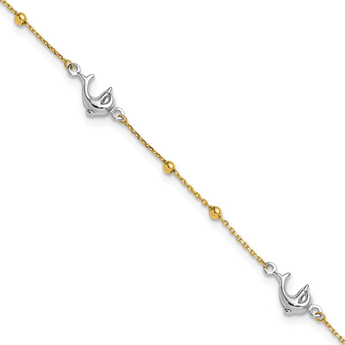 14K Two-tone Polished Bead & Dolphin 9in Plus 1in ext Anklet-ANK375-9