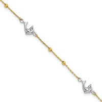 14K Two-tone Polished Bead & Dolphin 9in Plus 1in ext Anklet-ANK375-9