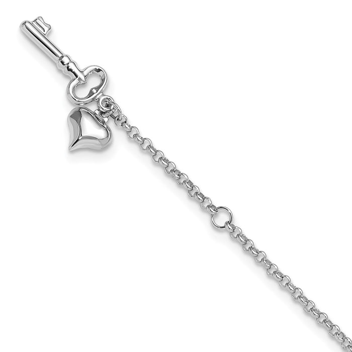 14k White Gold Adj Polished Puffed Heart Key 9in Plus 1in ext. Anklet-ANK45-10