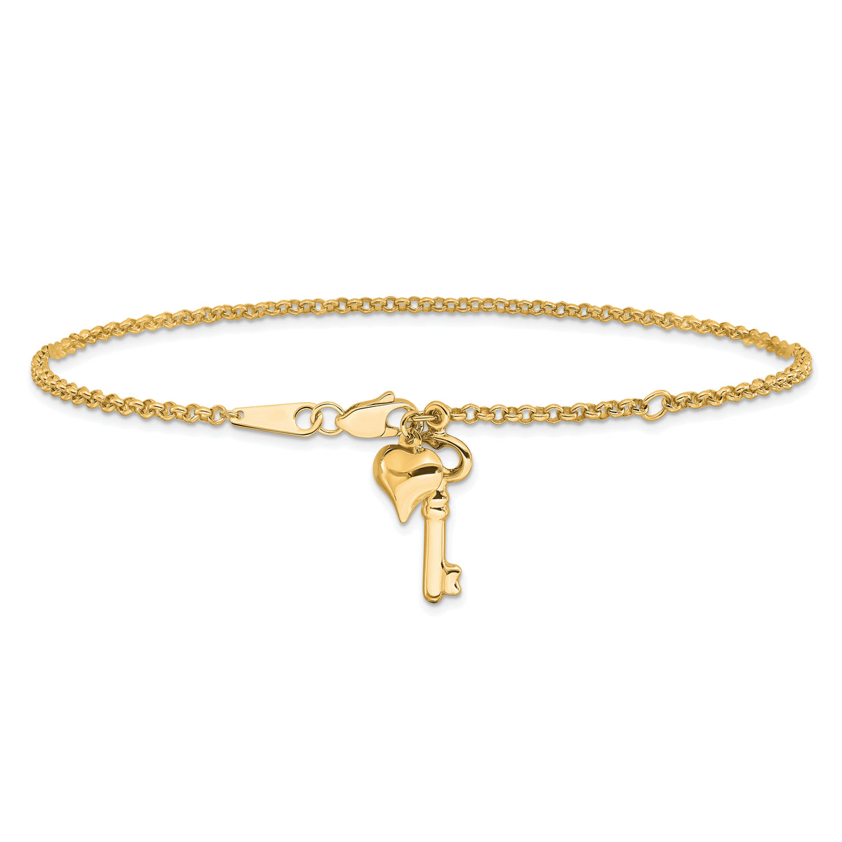 14k Adj Polished Puffed Heart Key 9in Plus 1in ext. Anklet-ANK45Y-10