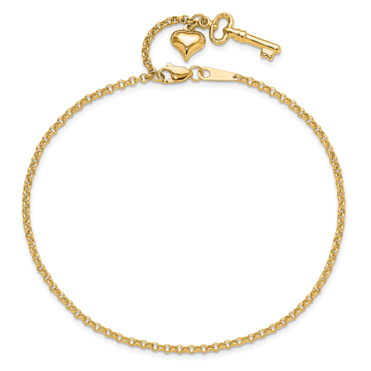 14k Adj Polished Puffed Heart Key 9in Plus 1in ext. Anklet-ANK45Y-10