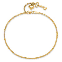 14k Adj Polished Puffed Heart Key 9in Plus 1in ext. Anklet-ANK45Y-10