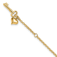 14k Adj Polished Puffed Heart Key 9in Plus 1in ext. Anklet-ANK45Y-10