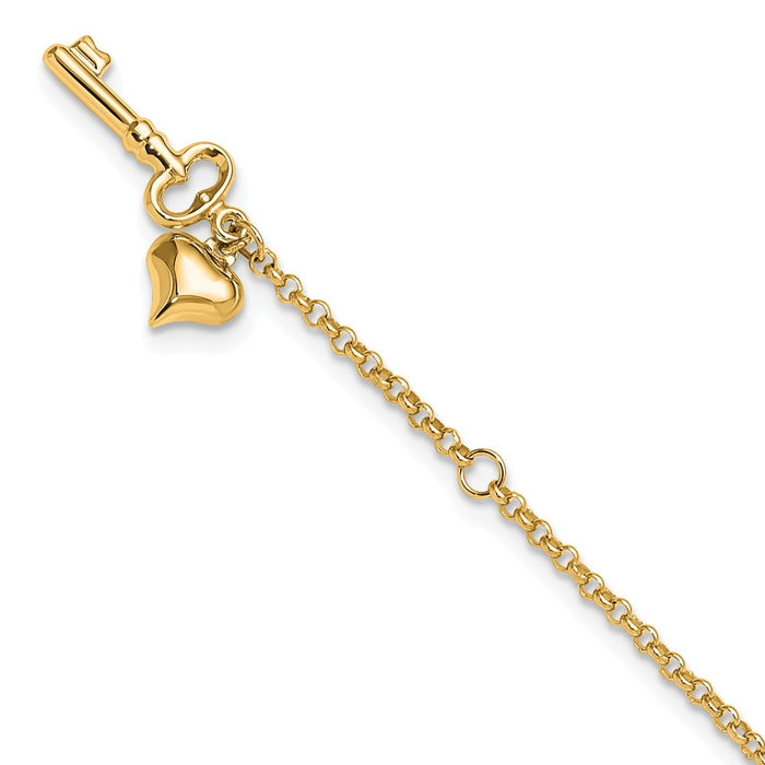 14k Adj Polished Puffed Heart Key 9in Plus 1in ext. Anklet-ANK45Y-10