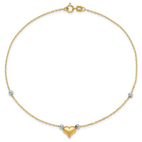 14k Two-Tone Polished Puffed Heart with Beads 10in Anklet-ANK48-10