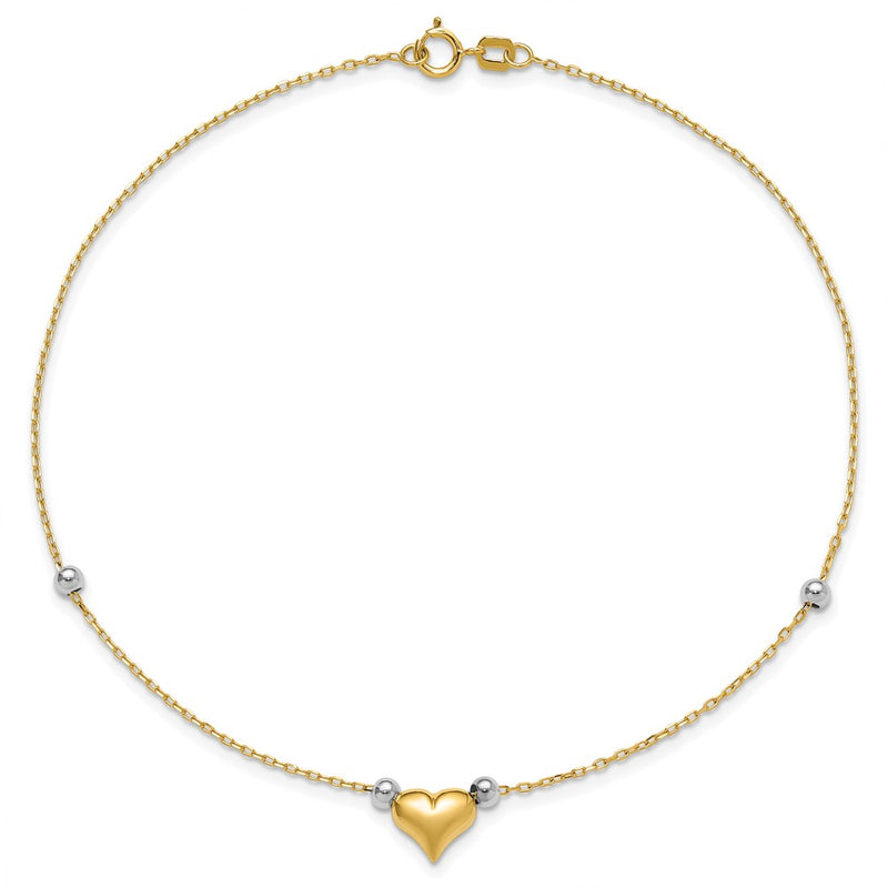 14k Two-Tone Polished Puffed Heart with Beads 10in Anklet-ANK48-10