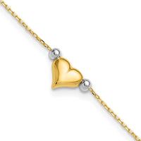 14k Two-Tone Polished Puffed Heart with Beads 10in Anklet-ANK48-10