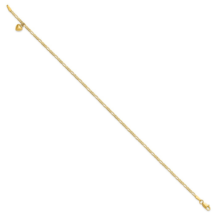 14k Figaro Link with Dangling Heart Anklet-ANK66-9