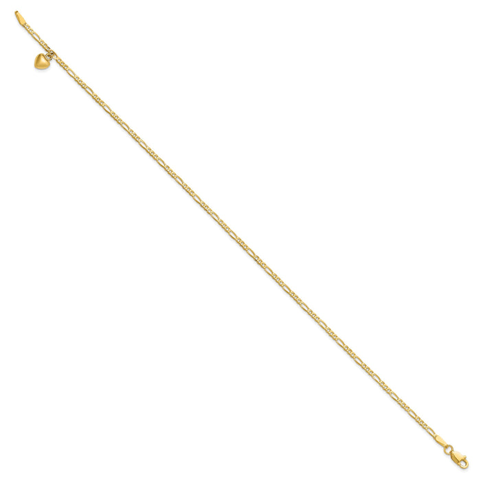 14k Figaro Link with Dangling Heart Anklet-ANK66-10