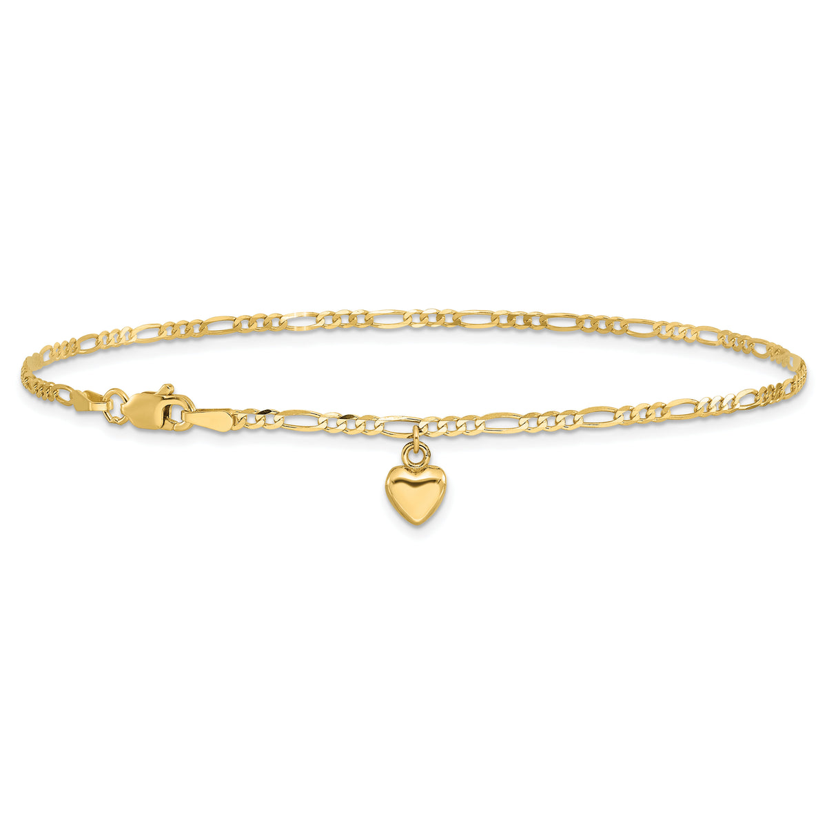 14k Figaro Link with Dangling Heart Anklet-ANK66-9
