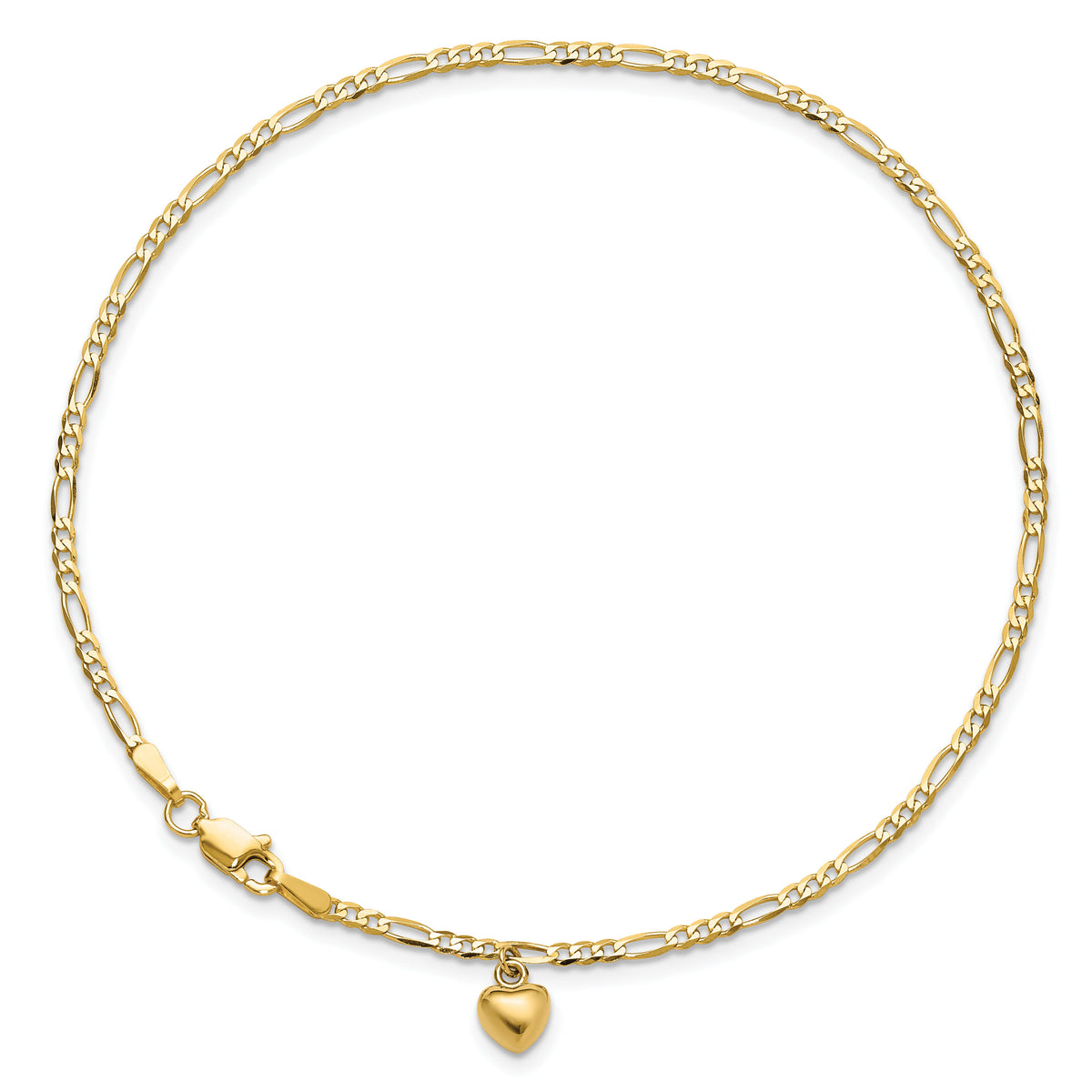 14k Figaro Link with Dangling Heart Anklet-ANK66-10