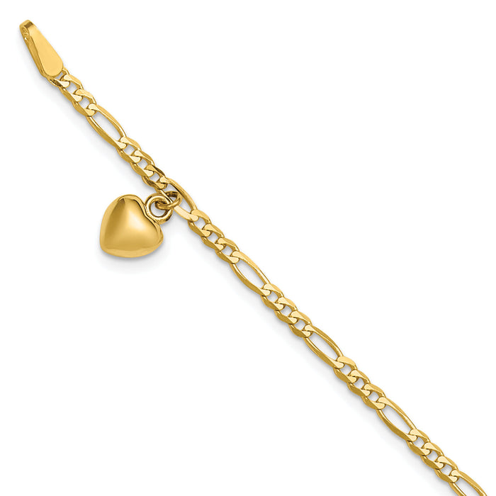 14k Figaro Link with Dangling Heart Anklet-ANK66-10