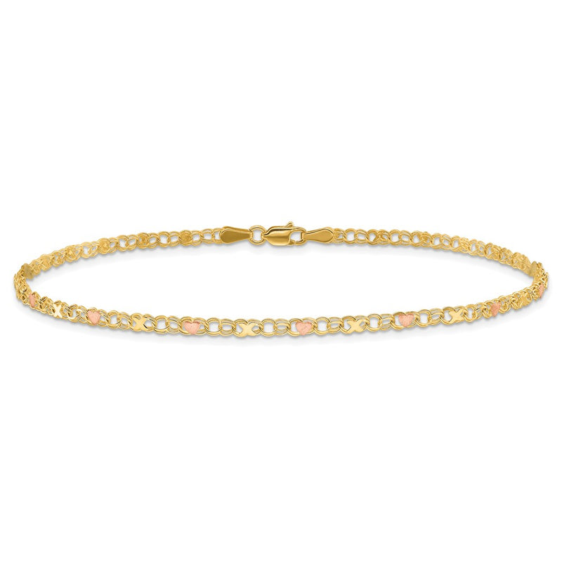 14k and Rose Rhodium X's and Hearts 10in Anklet-ANK69-10