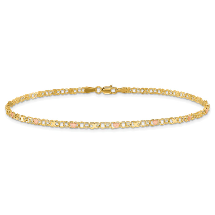 14k and Rose X's and Hearts 10in Anklet-ANK69-10