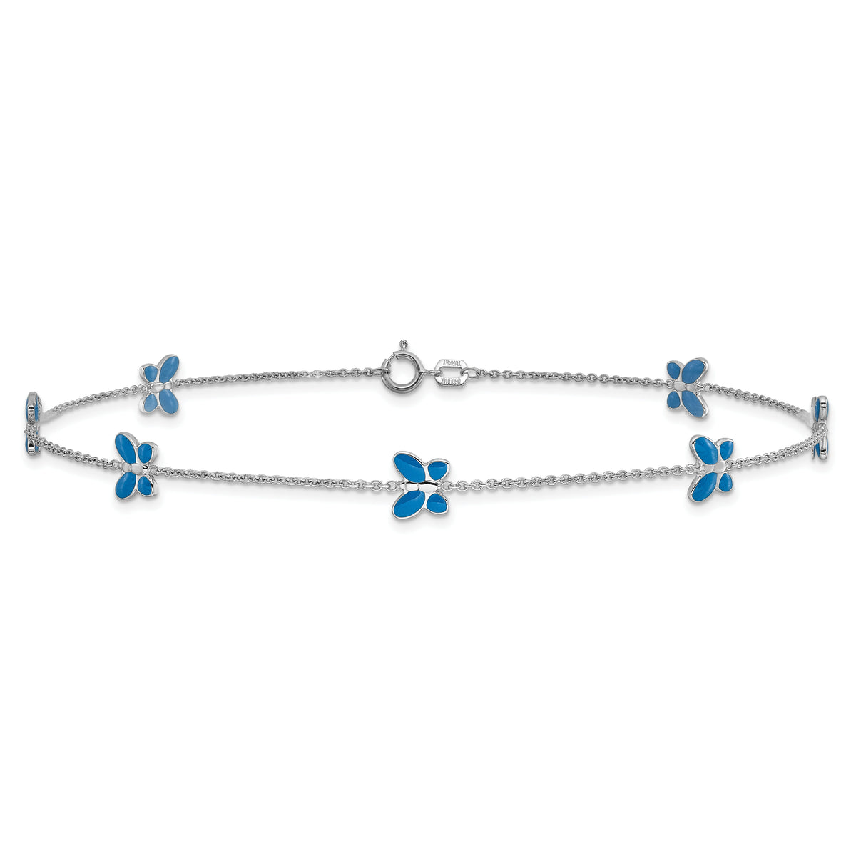 14k White Gold Blue Enameled Butterfly 10inch Anklet-ANK89-10