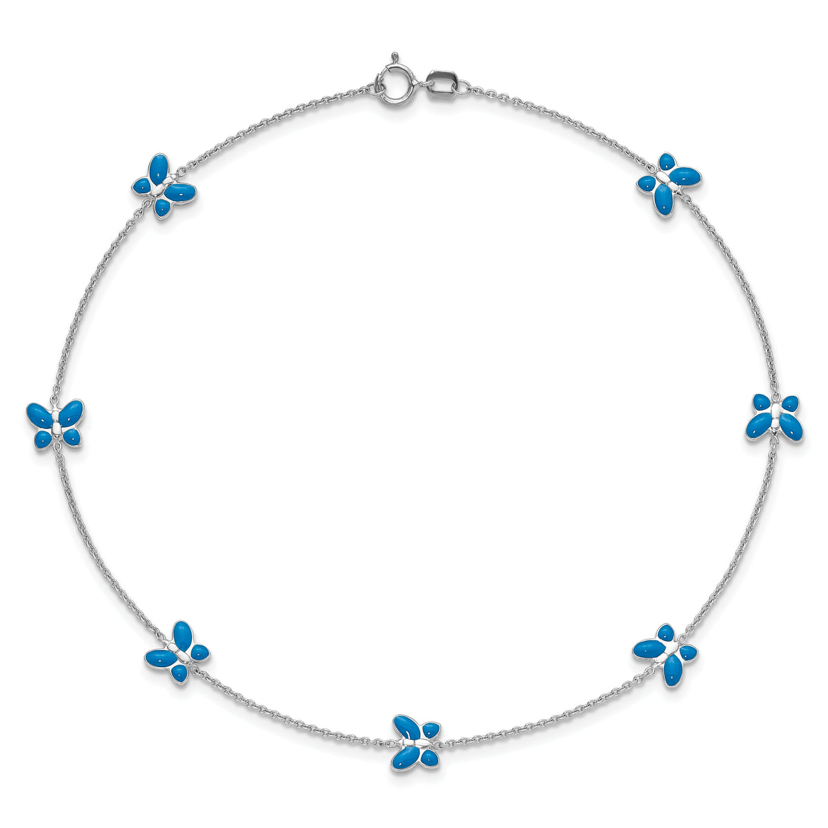 14k White Gold Blue Enameled Butterfly 10inch Anklet-ANK89-10