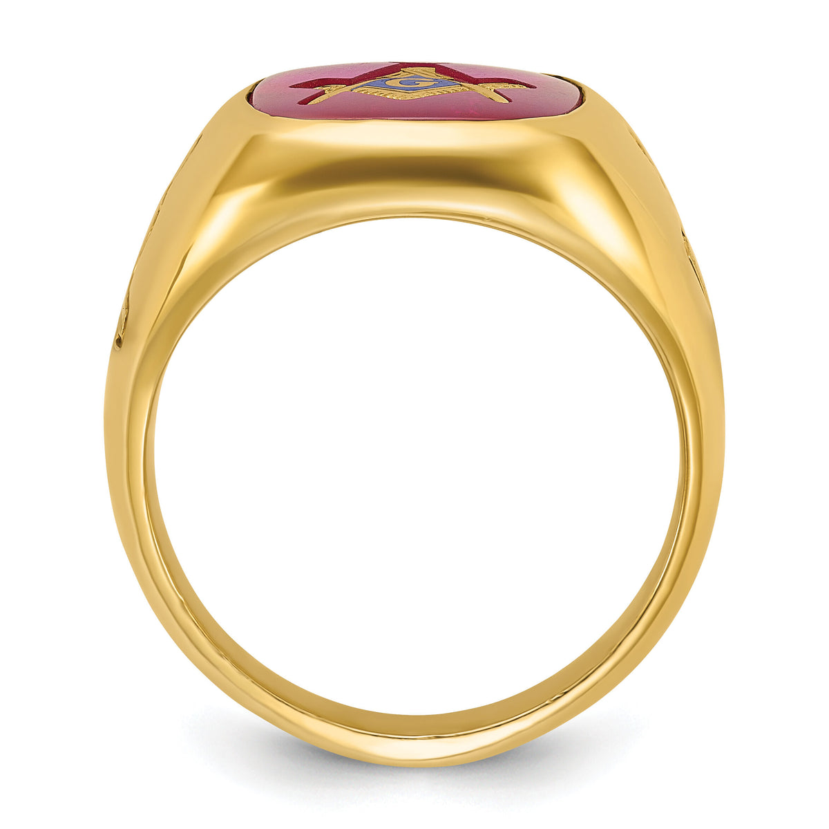 14k IBGoodman Men's Grooved w/ Lab Cr. Ruby Blue Lodge Masonic Ring-B02038