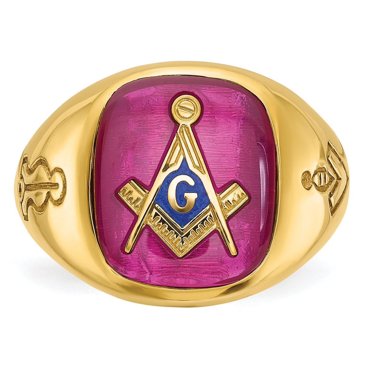 14k IBGoodman Men's Grooved w/ Lab Cr. Ruby Blue Lodge Masonic Ring-B02038