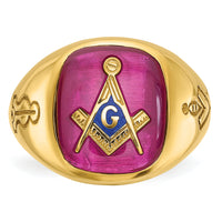 14k IBGoodman Men's Grooved w/ Lab Cr. Ruby Blue Lodge Masonic Ring-B02038