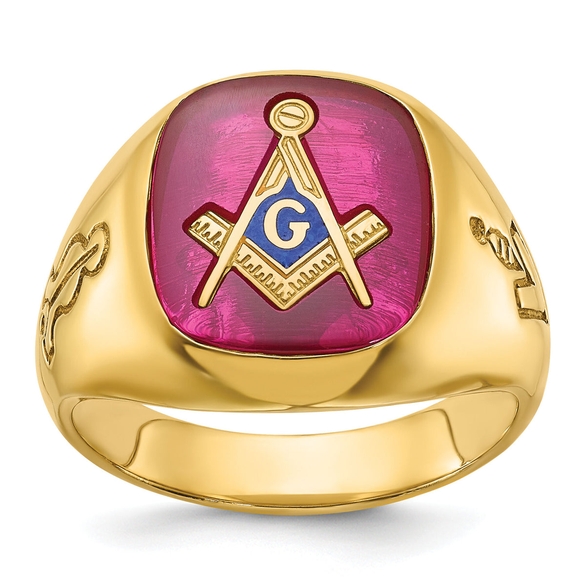 14k IBGoodman Men's Grooved w/ Lab Cr. Ruby Blue Lodge Masonic Ring-B02038