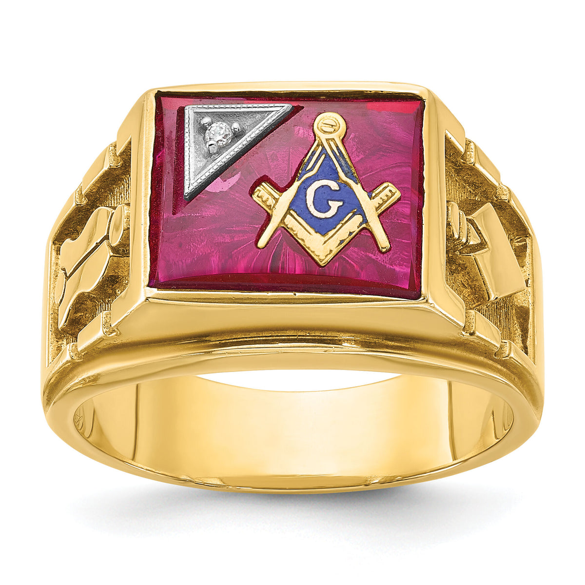 14ktt IBGoodman Men's Lab Cr. Ruby & Dia Blue Lodge Masonic Ring-B02740