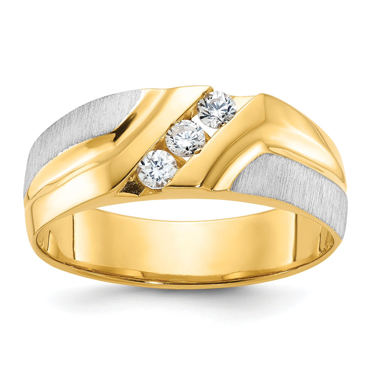 14ktt IBGoodman Men's Polished Satin & Grooved 3-Stone Diamond Ring-B56863