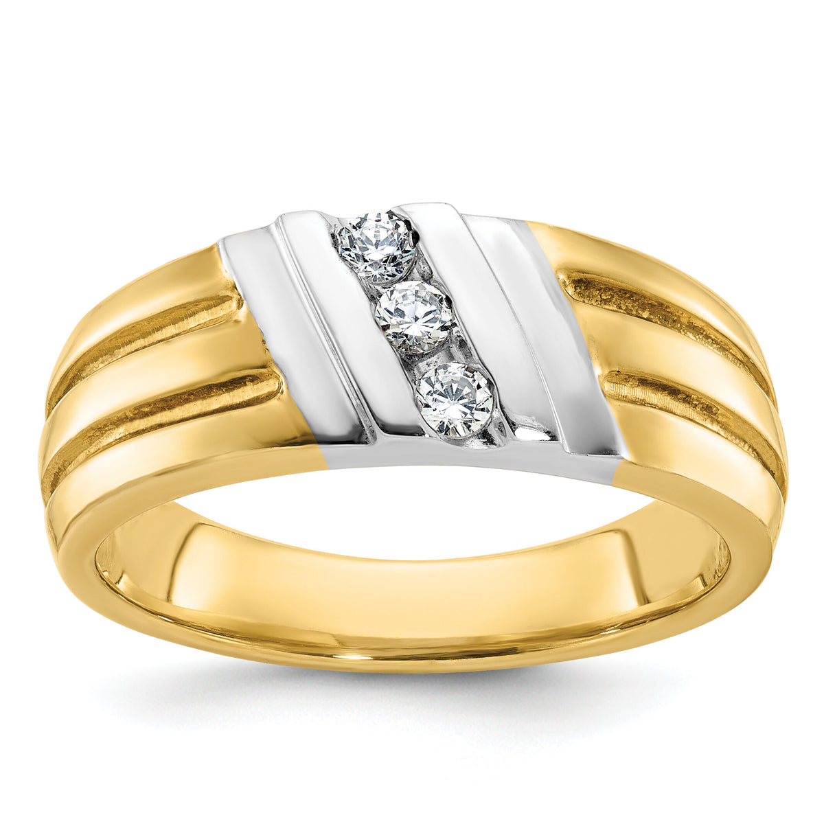 10ktt IBGoodman Men's Polished and Grooved 3-Stone Diamond Ring-B56992