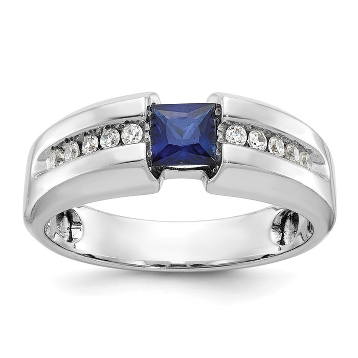 IBGoodman 14k White Gold Men's Polished Lab Created Sapphire and 1/5 Carat AA Quality Diamond Ring-B57979-4WCS/AA