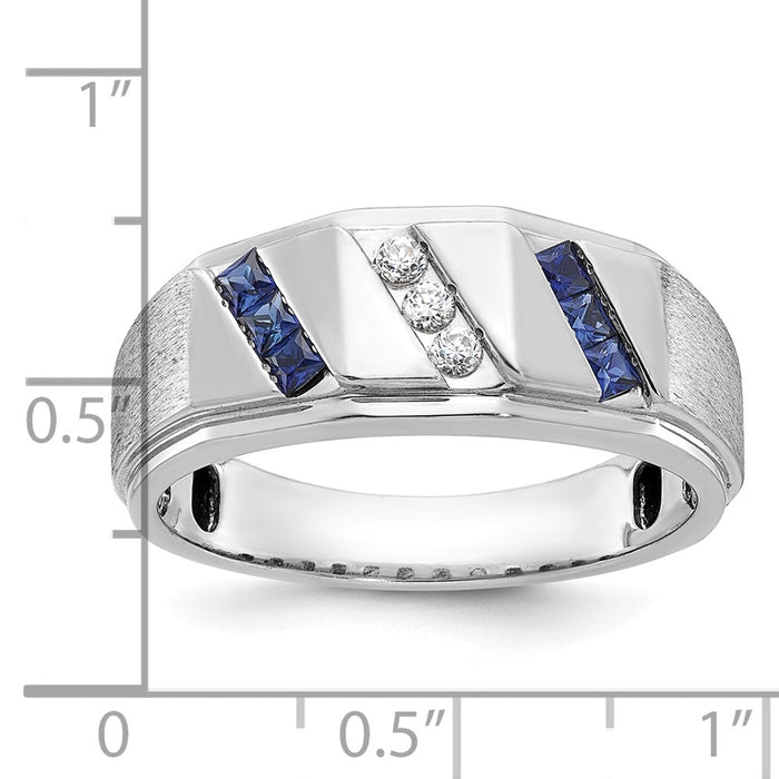 14k White Gold IBGoodman Men's Satin Lab Created Sapphire and 1/10 carat Diamond Complete Ring-B57988-4WCS/AA