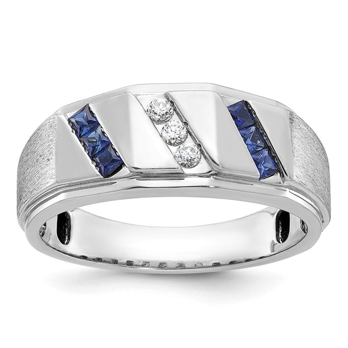 14k White Gold IBGoodman Men's Satin Lab Created Sapphire and 1/10 carat Diamond Complete Ring-B57988-4WCS/AA