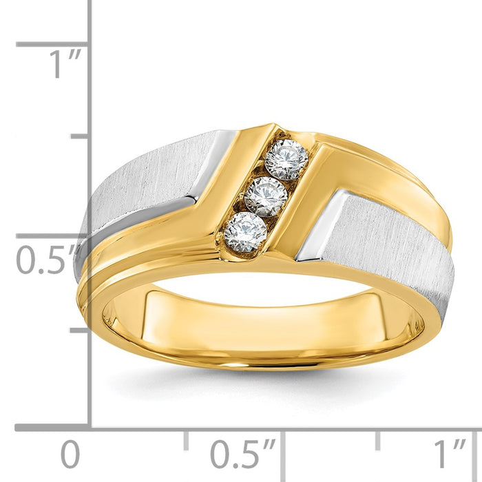 IBGoodman 14k Two-tone Men's Polished Satin and Grooved 3-Stone 1/4 Carat AA Quality Diamond Ring-B58008-4YWAA