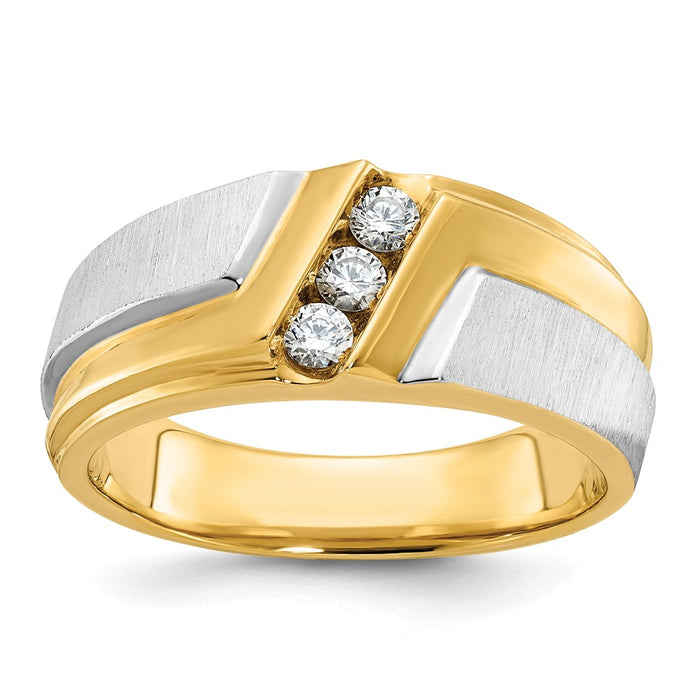 IBGoodman 14k Two-tone Men's Polished Satin and Grooved 3-Stone 1/4 Carat AA Quality Diamond Ring-B58008-4YWAA