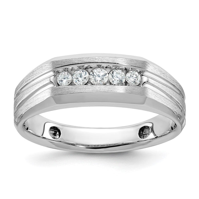 IBGoodman 14k White Gold Men's Polished Satin and Grooved 5-Stone 1/4 Carat AA Quality Diamond Ring-B58455-4WAA