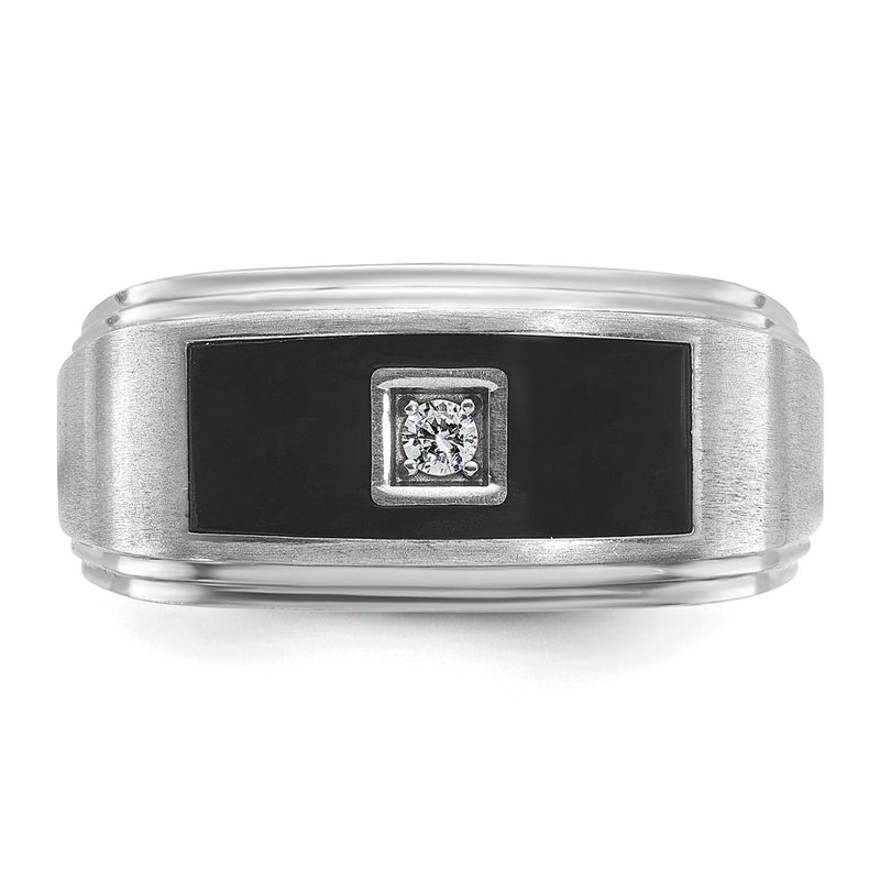 IBGoodman 14k White Gold with Black Enamel Men's Polished Satin and Grooved 1/20 Carat AA Quality Diamond Ring-B58905-4WAA