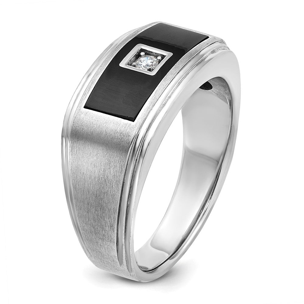 IBGoodman 14k White Gold with Black Enamel Men's Polished Satin and Grooved 1/20 Carat AA Quality Diamond Ring-B58905-4WAA