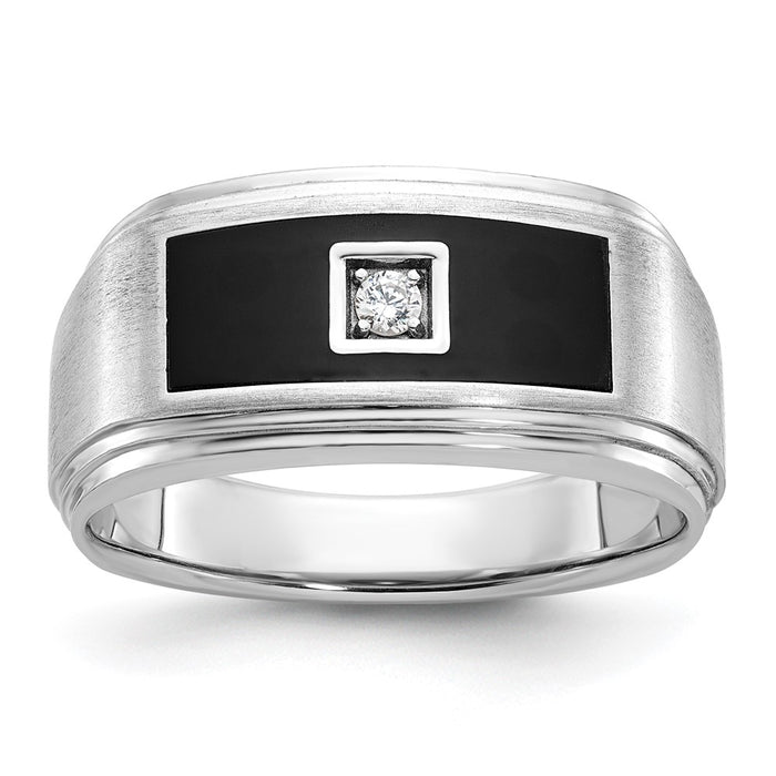 IBGoodman 14k White Gold with Black Enamel Men's Polished Satin and Grooved 1/20 Carat AA Quality Diamond Ring-B58905-4WAA